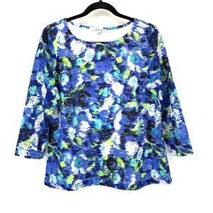 Cindy Oh 3/4 Sleeve Top Sz L Abstract Floral Print Eyelet Layer Black Blue Green